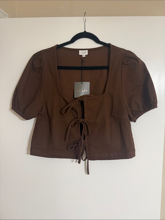 Le Lis Tops - Le Lis Brown Tie-Front Puff Sleeve Crop Top